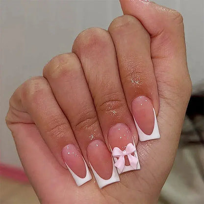 White French Press on Nails 3D Bowknot Fake Nails Tips Full Cover Wearable False Nails for Women and Girls DIY Manicure 24Pcs Tech Triumph Shop