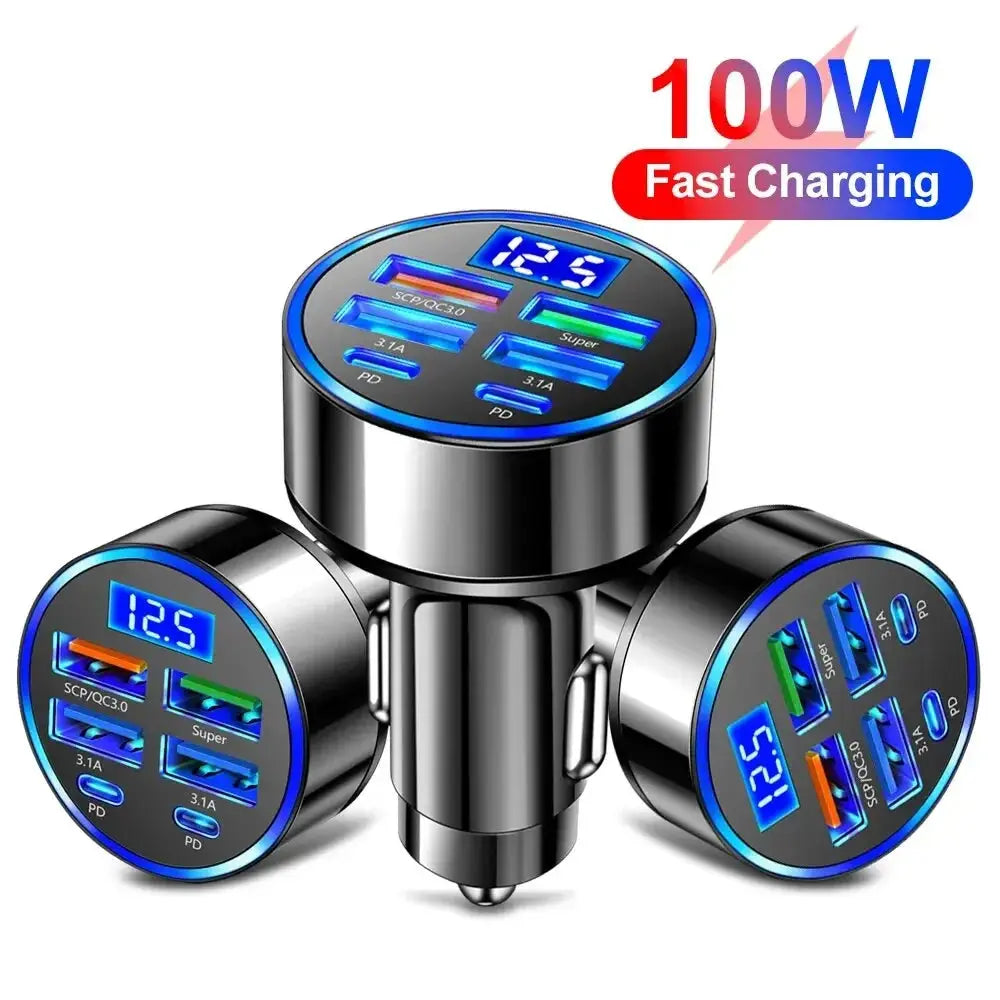 66-250W PD Car Charger QC3.0 Fast Charge One to Six Car Cigarette Lighter Plug Car Charger Flash Charge with Digital Display Tech Triumph Shop