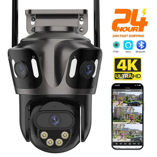 Three Screen WIFI IP Camera Outdoor 4K Dual Lens PTZ Camera Ai Human Detection IP66 Waterproof CCTV Video Security Camera iCsee Tech Triumph Shop