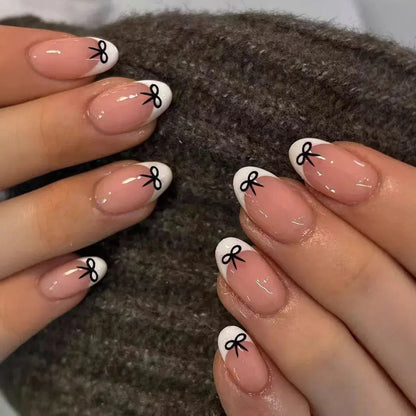 White French Press on Nails 3D Bowknot Fake Nails Tips Full Cover Wearable False Nails for Women and Girls DIY Manicure 24Pcs Tech Triumph Shop