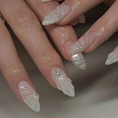 24Pcs Pink Almond False Nails Butterfly Ballet with French Design Wearable Fake Nails Simple Artificial Press on Nails Tips Art Tech Triumph Shop