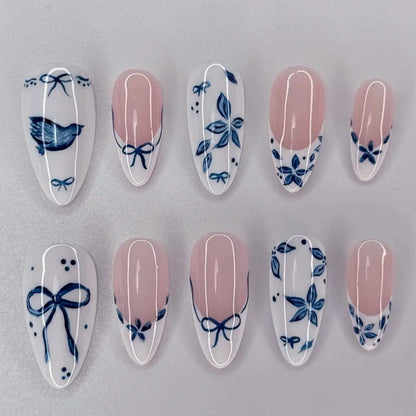 24pcs White Flower Fake Nail Tips Ins Yellow Pink Blush False Nails Wearable Full Cover European Almond Shaped Press on Nails Tech Triumph Shop