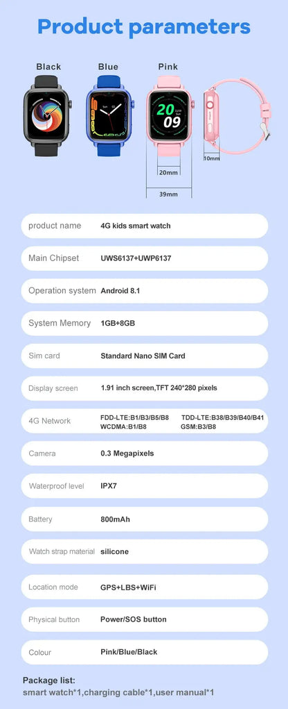 4G Smart Watch Kids GPS WIFI Video Call SOS APP Download Child Smartwatch Camera Monitor Tracker Location Phone Watch - Tech Triumph Shop