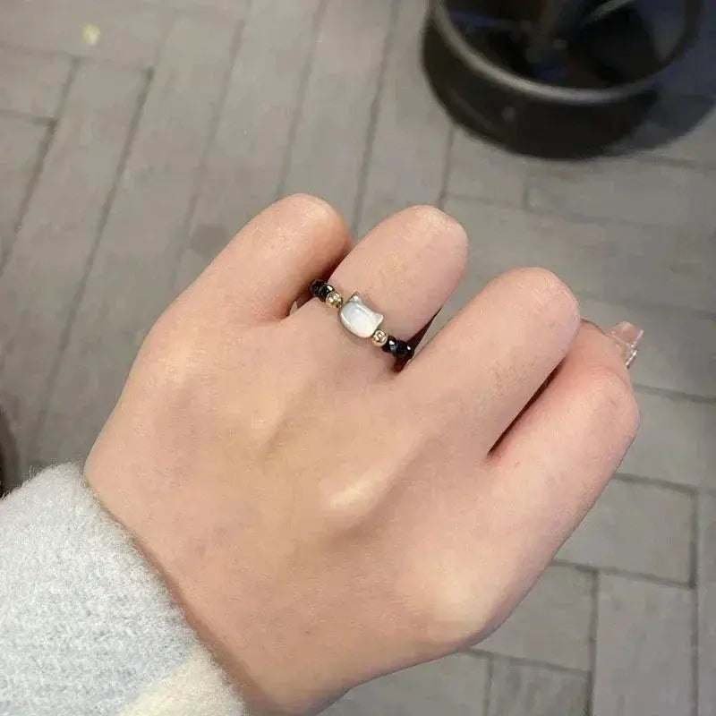 2pcs Natural Moonstone Obsidian Rings Beads Minimalist Fidget Ring Cute Black White Cat Ring Women Men Party Accessories Jewelry Tech Triumph Shop