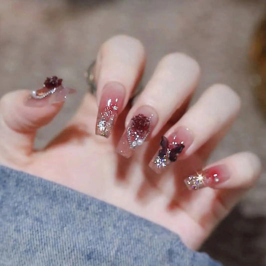 24pcs Sweet Cute Bow False Nails with Pink Crystal Design Korean Fake Nail Tips for Girl Lady Wearable Full Cover Press on Nails Tech Triumph Shop