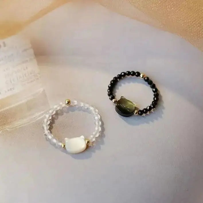 2pcs Natural Moonstone Obsidian Rings Beads Minimalist Fidget Ring Cute Black White Cat Ring Women Men Party Accessories Jewelry Tech Triumph Shop