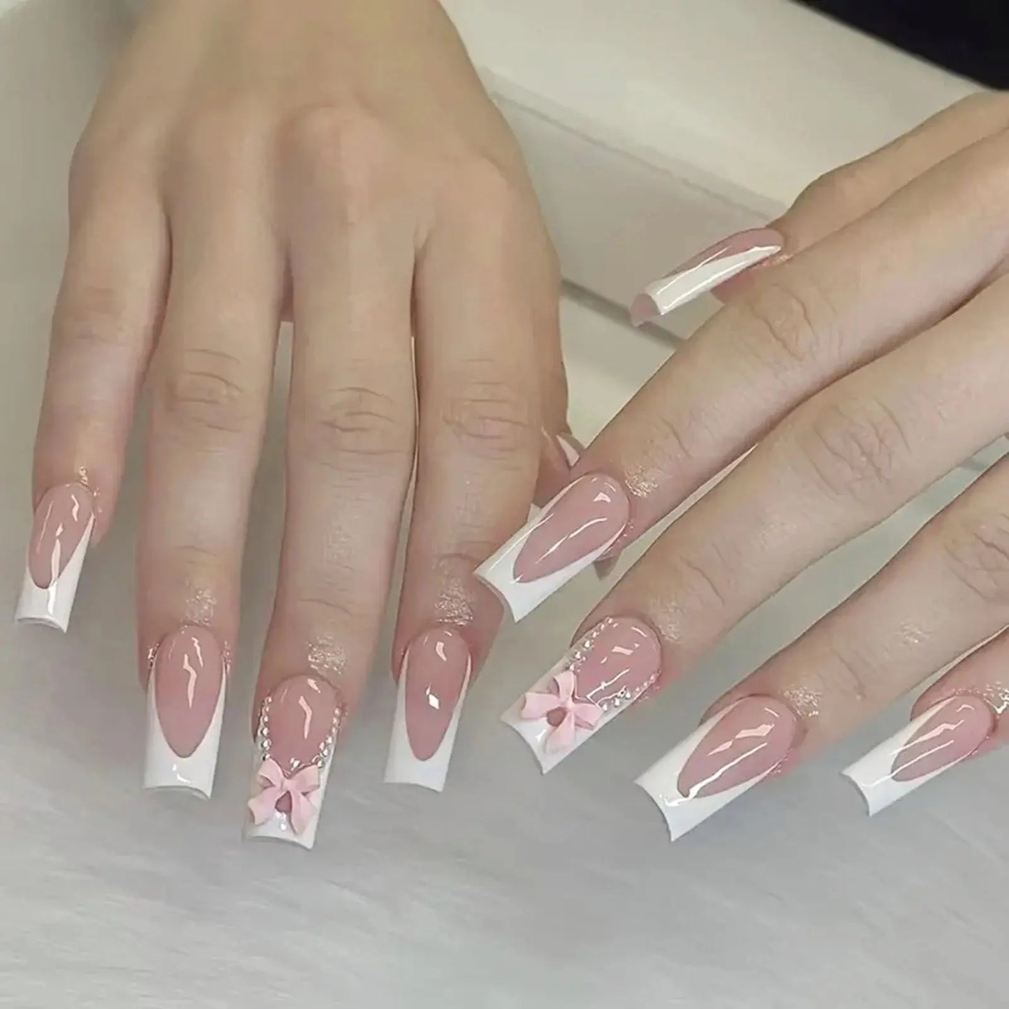 White French Press on Nails 3D Bowknot Fake Nails Tips Full Cover Wearable False Nails for Women and Girls DIY Manicure 24Pcs Tech Triumph Shop