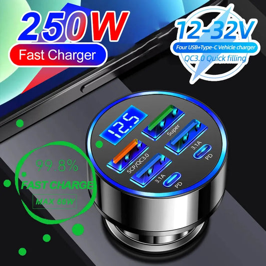 66-250W PD Car Charger QC3.0 Fast Charge One to Six Car Cigarette Lighter Plug Car Charger Flash Charge with Digital Display Tech Triumph Shop