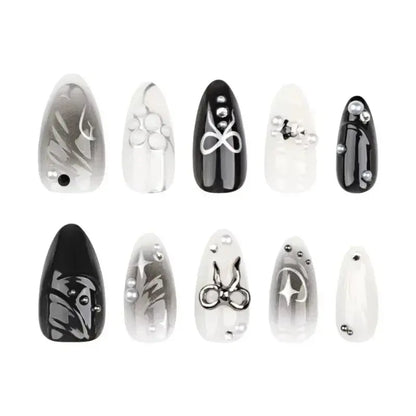 24Pcs False Nails Spicy Girl Silver Bow with Diamond Fake Nails with Glue Almond Press on Nails Black Cool Y2k Almond Nail Set Tech Triumph Shop