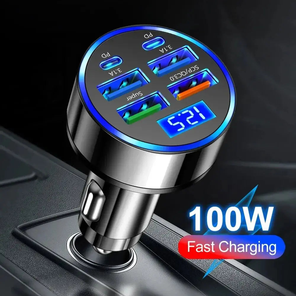 66-250W PD Car Charger QC3.0 Fast Charge One to Six Car Cigarette Lighter Plug Car Charger Flash Charge with Digital Display Tech Triumph Shop