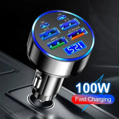66-250W PD Car Charger QC3.0 Fast Charge One to Six Car Cigarette Lighter Plug Car Charger Flash Charge with Digital Display Tech Triumph Shop