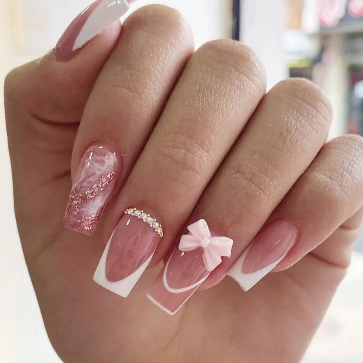 White French Press on Nails 3D Bowknot Fake Nails Tips Full Cover Wearable False Nails for Women and Girls DIY Manicure 24Pcs Tech Triumph Shop