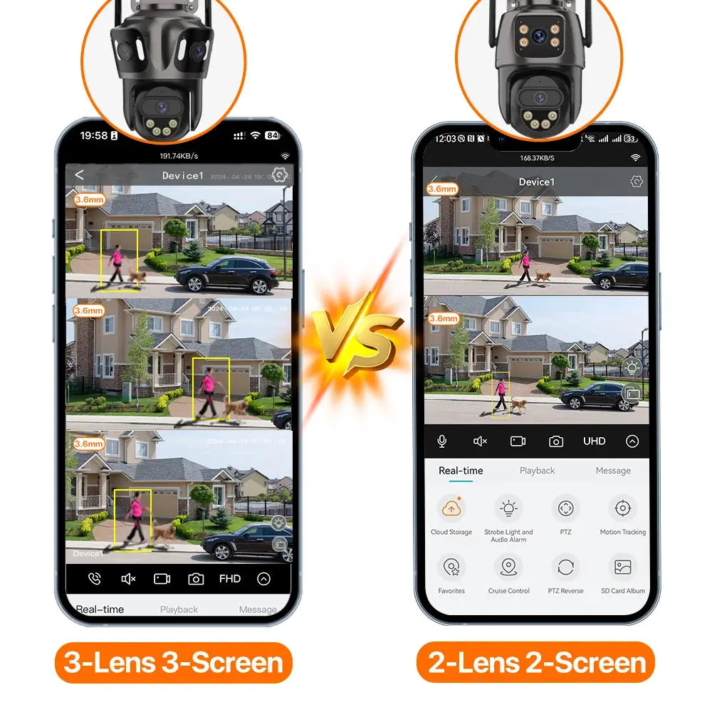 Three Screen WIFI IP Camera Outdoor 4K Dual Lens PTZ Camera Ai Human Detection IP66 Waterproof CCTV Video Security Camera iCsee Tech Triumph Shop