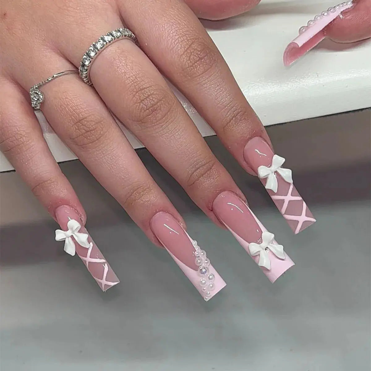 White French Press on Nails 3D Bowknot Fake Nails Tips Full Cover Wearable False Nails for Women and Girls DIY Manicure 24Pcs Tech Triumph Shop