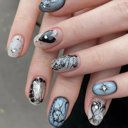 24Pcs False Nails Spicy Girl Silver Bow with Diamond Fake Nails with Glue Almond Press on Nails Black Cool Y2k Almond Nail Set Tech Triumph Shop