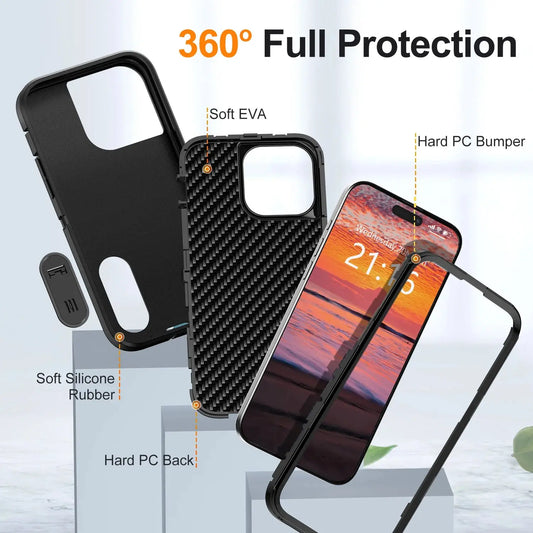 For iPhone 14/iPhone 14 Plus/iPhone 14 Pro/iPhone 14 Pro Max 5G 3-Layers Heavy Duty Protective Kickstand Phone Cover Black Case Tech Triumph Shop