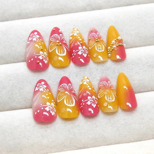 24pcs White Flower Fake Nail Tips Ins Yellow Pink Blush False Nails Wearable Full Cover European Almond Shaped Press on Nails Tech Triumph Shop