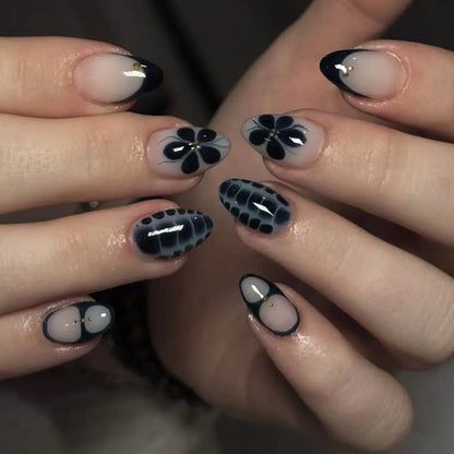 24Pcs False Nails Spicy Girl Silver Bow with Diamond Fake Nails with Glue Almond Press on Nails Black Cool Y2k Almond Nail Set Tech Triumph Shop