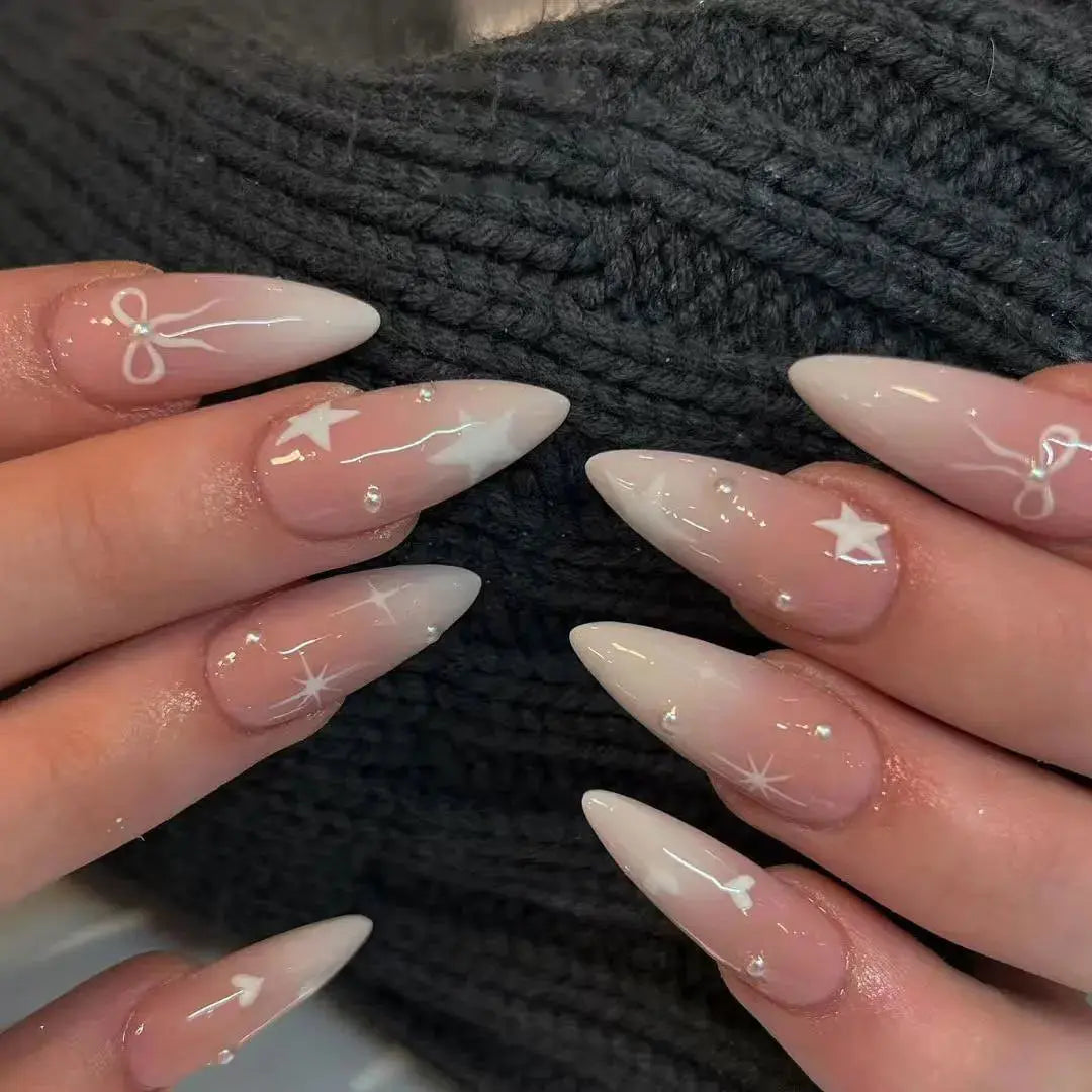White French Press on Nails 3D Bowknot Fake Nails Tips Full Cover Wearable False Nails for Women and Girls DIY Manicure 24Pcs Tech Triumph Shop