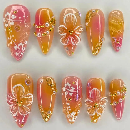 24pcs White Flower Fake Nail Tips Ins Yellow Pink Blush False Nails Wearable Full Cover European Almond Shaped Press on Nails Tech Triumph Shop