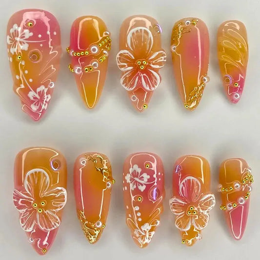 24pcs White Flower Fake Nail Tips Ins Yellow Pink Blush False Nails Wearable Full Cover European Almond Shaped Press on Nails Tech Triumph Shop