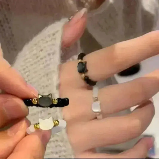 2pcs Natural Moonstone Obsidian Rings Beads Minimalist Fidget Ring Cute Black White Cat Ring Women Men Party Accessories Jewelry Tech Triumph Shop