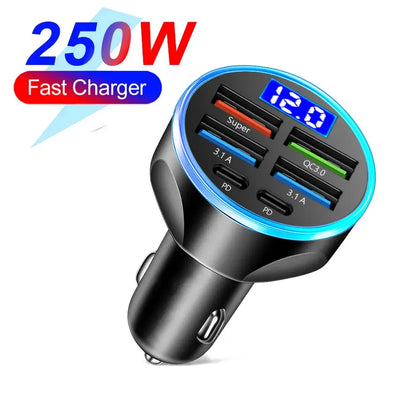 66-250W PD Car Charger QC3.0 Fast Charge One to Six Car Cigarette Lighter Plug Car Charger Flash Charge with Digital Display Tech Triumph Shop