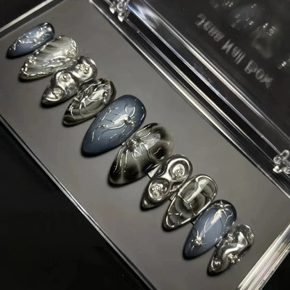 24Pcs False Nails Spicy Girl Silver Bow with Diamond Fake Nails with Glue Almond Press on Nails Black Cool Y2k Almond Nail Set Tech Triumph Shop