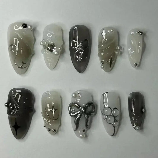 24Pcs False Nails Spicy Girl Silver Bow with Diamond Fake Nails with Glue Almond Press on Nails Black Cool Y2k Almond Nail Set Tech Triumph Shop