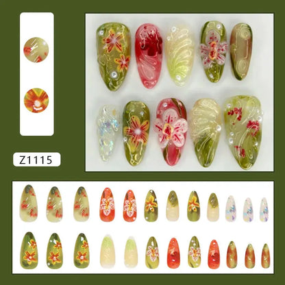 24pcs White Flower Fake Nail Tips Ins Yellow Pink Blush False Nails Wearable Full Cover European Almond Shaped Press on Nails Tech Triumph Shop