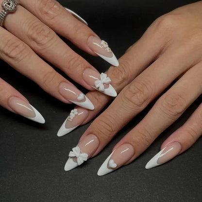 White French Press on Nails 3D Bowknot Fake Nails Tips Full Cover Wearable False Nails for Women and Girls DIY Manicure 24Pcs Tech Triumph Shop