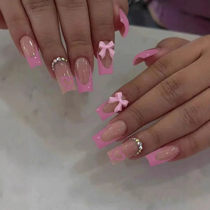 White French Press on Nails 3D Bowknot Fake Nails Tips Full Cover Wearable False Nails for Women and Girls DIY Manicure 24Pcs Tech Triumph Shop