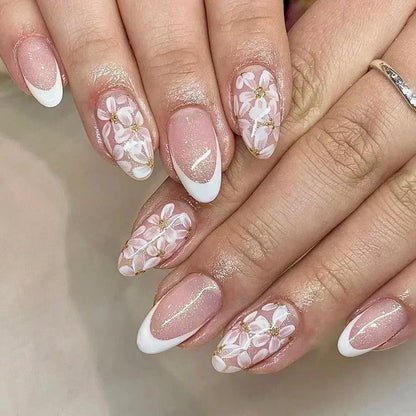 24Pcs Pink Almond False Nails Butterfly Ballet with French Design Wearable Fake Nails Simple Artificial Press on Nails Tips Art Tech Triumph Shop