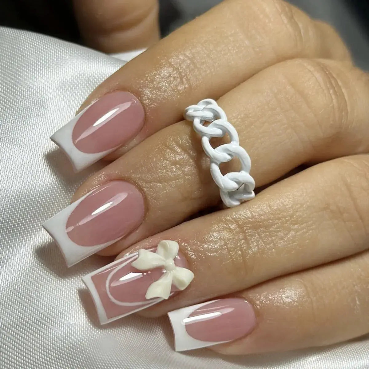 White French Press on Nails 3D Bowknot Fake Nails Tips Full Cover Wearable False Nails for Women and Girls DIY Manicure 24Pcs Tech Triumph Shop