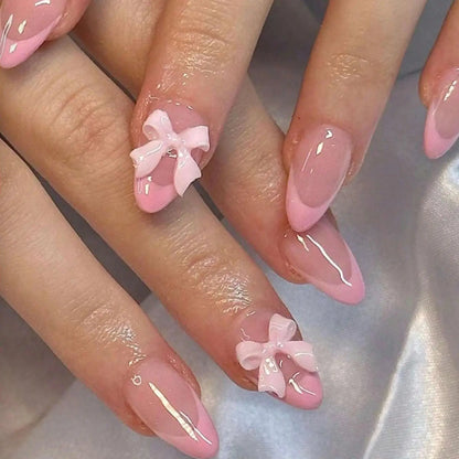 White French Press on Nails 3D Bowknot Fake Nails Tips Full Cover Wearable False Nails for Women and Girls DIY Manicure 24Pcs Tech Triumph Shop