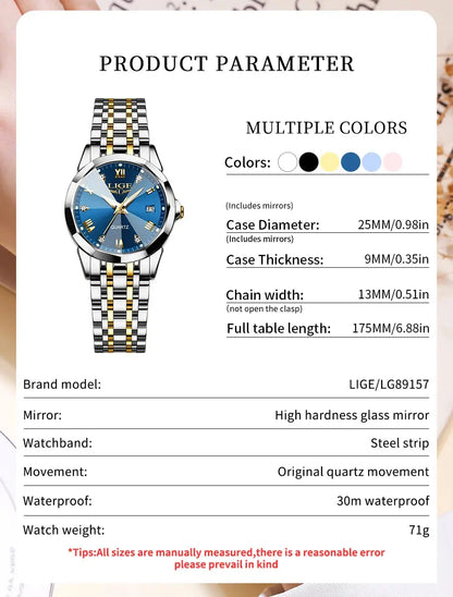 LIGE Elegant Ultrathin Nordic Simple Style Quartz Movement Women's Wristwatch Fashion Stainless Steel Bracelet Belt Woman Watch Tech Triumph Shop