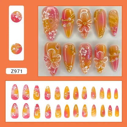 24pcs White Flower Fake Nail Tips Ins Yellow Pink Blush False Nails Wearable Full Cover European Almond Shaped Press on Nails Tech Triumph Shop