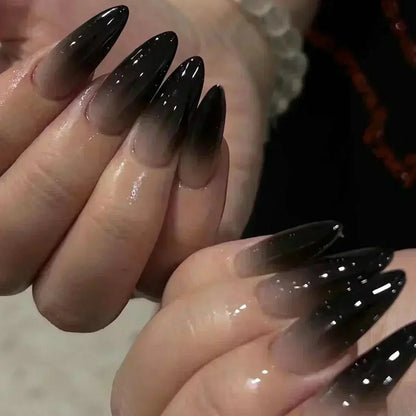 24Pcs False Nails Spicy Girl Silver Bow with Diamond Fake Nails with Glue Almond Press on Nails Black Cool Y2k Almond Nail Set Tech Triumph Shop