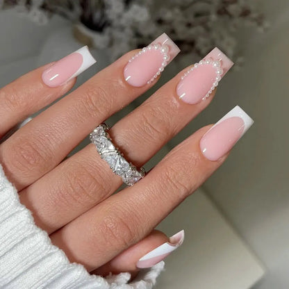 White French Press on Nails 3D Bowknot Fake Nails Tips Full Cover Wearable False Nails for Women and Girls DIY Manicure 24Pcs Tech Triumph Shop