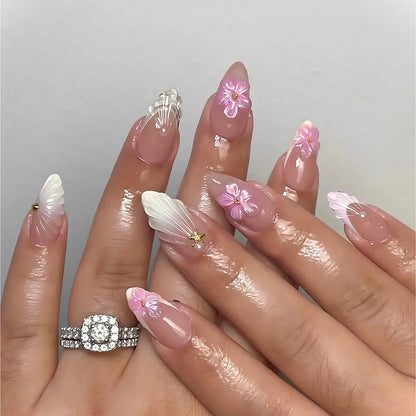 24Pcs Pink Almond False Nails Butterfly Ballet with French Design Wearable Fake Nails Simple Artificial Press on Nails Tips Art Tech Triumph Shop