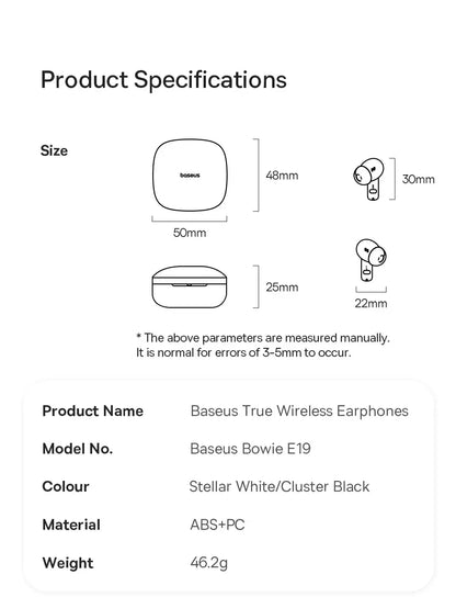 Baseus Bowie E19 Wireless Earphones Bluetooth 5.3 Big Bass 12mm Drivers IPX5 Waterproof Earbuds 33Hrs Battery Life Headphones Tech Triumph Shop