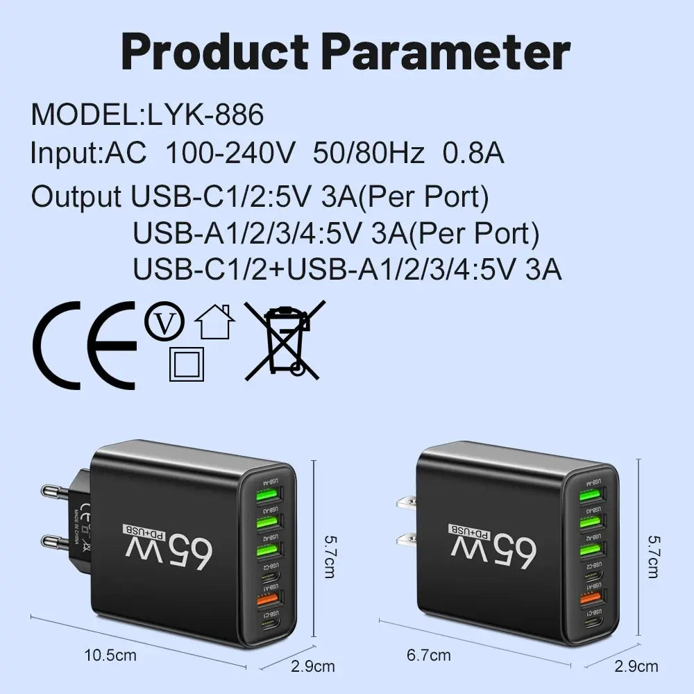 USB Charger 65W Mobile Phone Charger Fast Charging For Xiaomi Samsung Huawei P70 Travel Charger Adaptor For iPhone Quick Charger Tech Triumph Shop