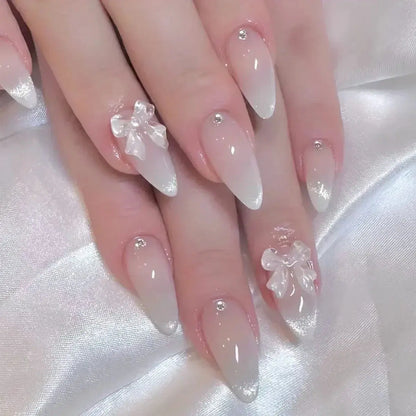 24Pcs Pink Almond False Nails Butterfly Ballet with French Design Wearable Fake Nails Simple Artificial Press on Nails Tips Art Tech Triumph Shop