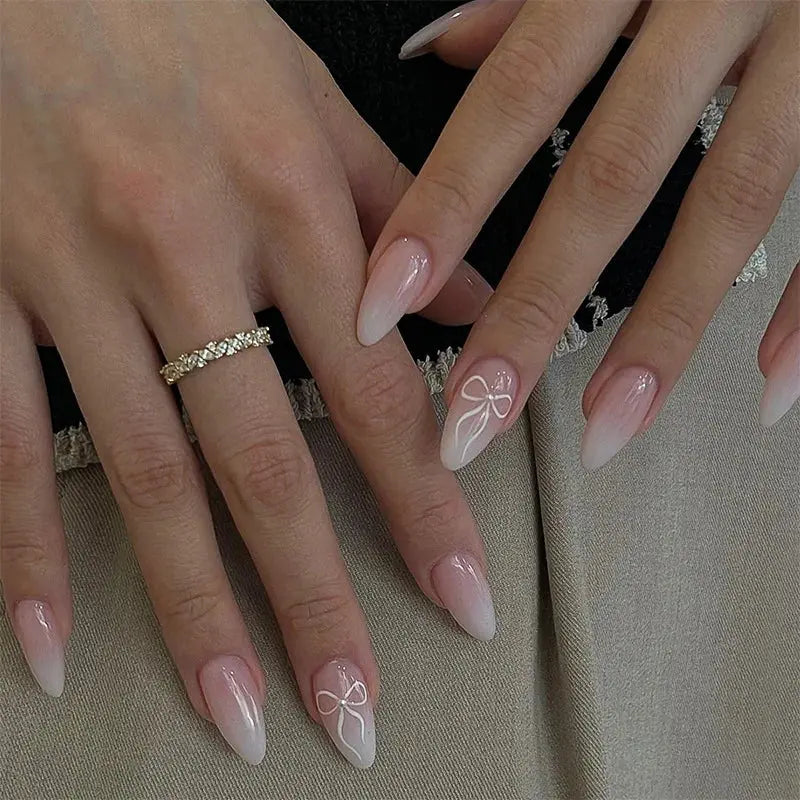 White French Press on Nails 3D Bowknot Fake Nails Tips Full Cover Wearable False Nails for Women and Girls DIY Manicure 24Pcs Tech Triumph Shop
