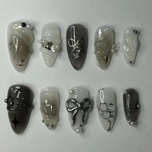 24Pcs False Nails Spicy Girl Silver Bow with Diamond Fake Nails with Glue Almond Press on Nails Black Cool Y2k Almond Nail Set Tech Triumph Shop