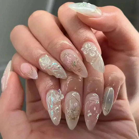24Pcs Pink Almond False Nails Butterfly Ballet with French Design Wearable Fake Nails Simple Artificial Press on Nails Tips Art Tech Triumph Shop