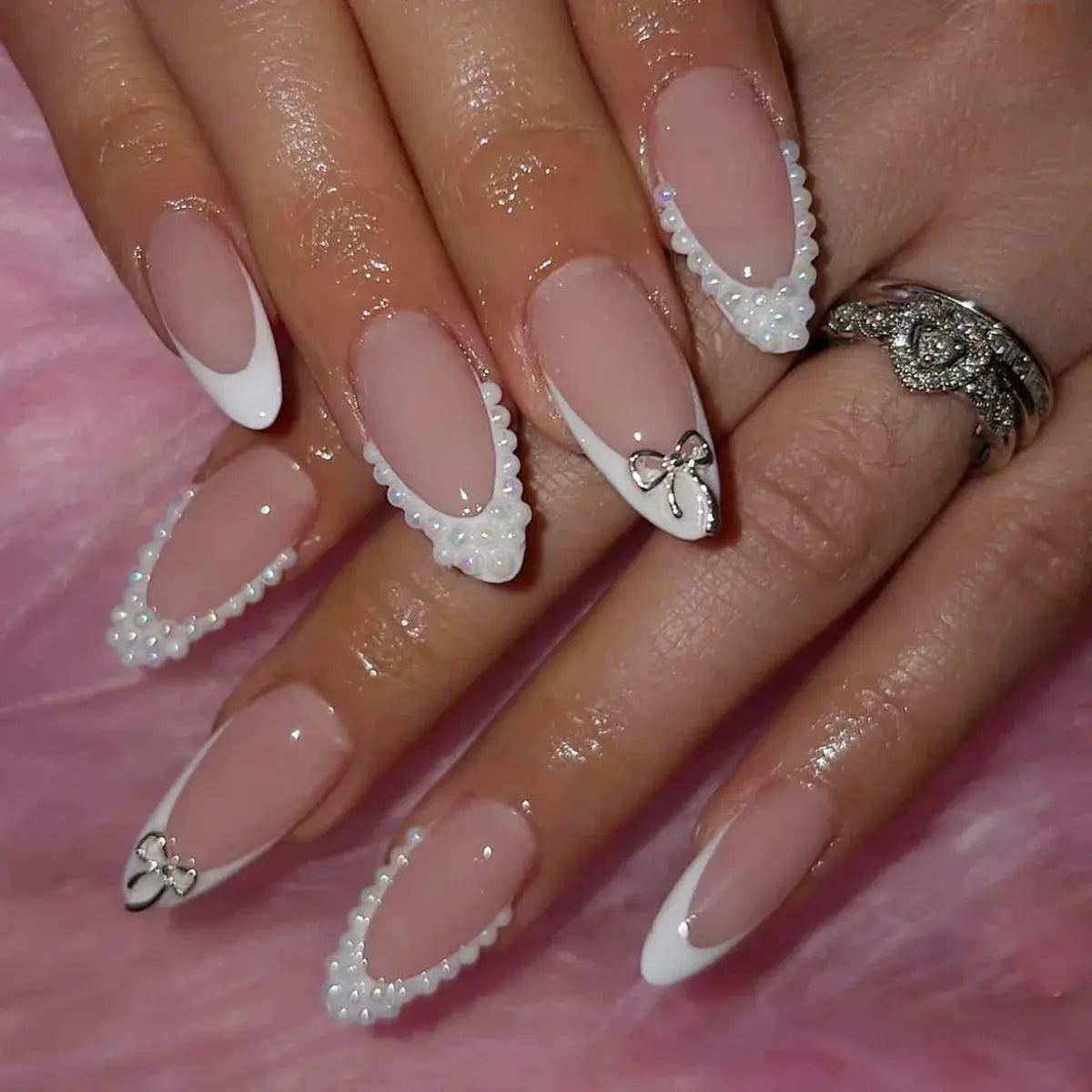 White French Press on Nails 3D Bowknot Fake Nails Tips Full Cover Wearable False Nails for Women and Girls DIY Manicure 24Pcs Tech Triumph Shop