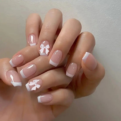 White French Press on Nails 3D Bowknot Fake Nails Tips Full Cover Wearable False Nails for Women and Girls DIY Manicure 24Pcs Tech Triumph Shop