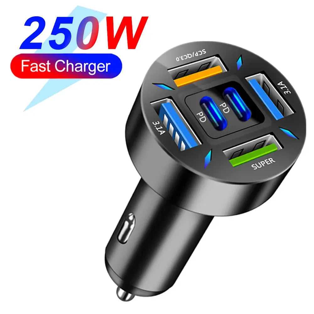 66-250W PD Car Charger QC3.0 Fast Charge One to Six Car Cigarette Lighter Plug Car Charger Flash Charge with Digital Display Tech Triumph Shop