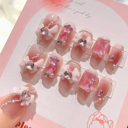 24pcs Sweet Cute Bow False Nails with Pink Crystal Design Korean Fake Nail Tips for Girl Lady Wearable Full Cover Press on Nails Tech Triumph Shop
